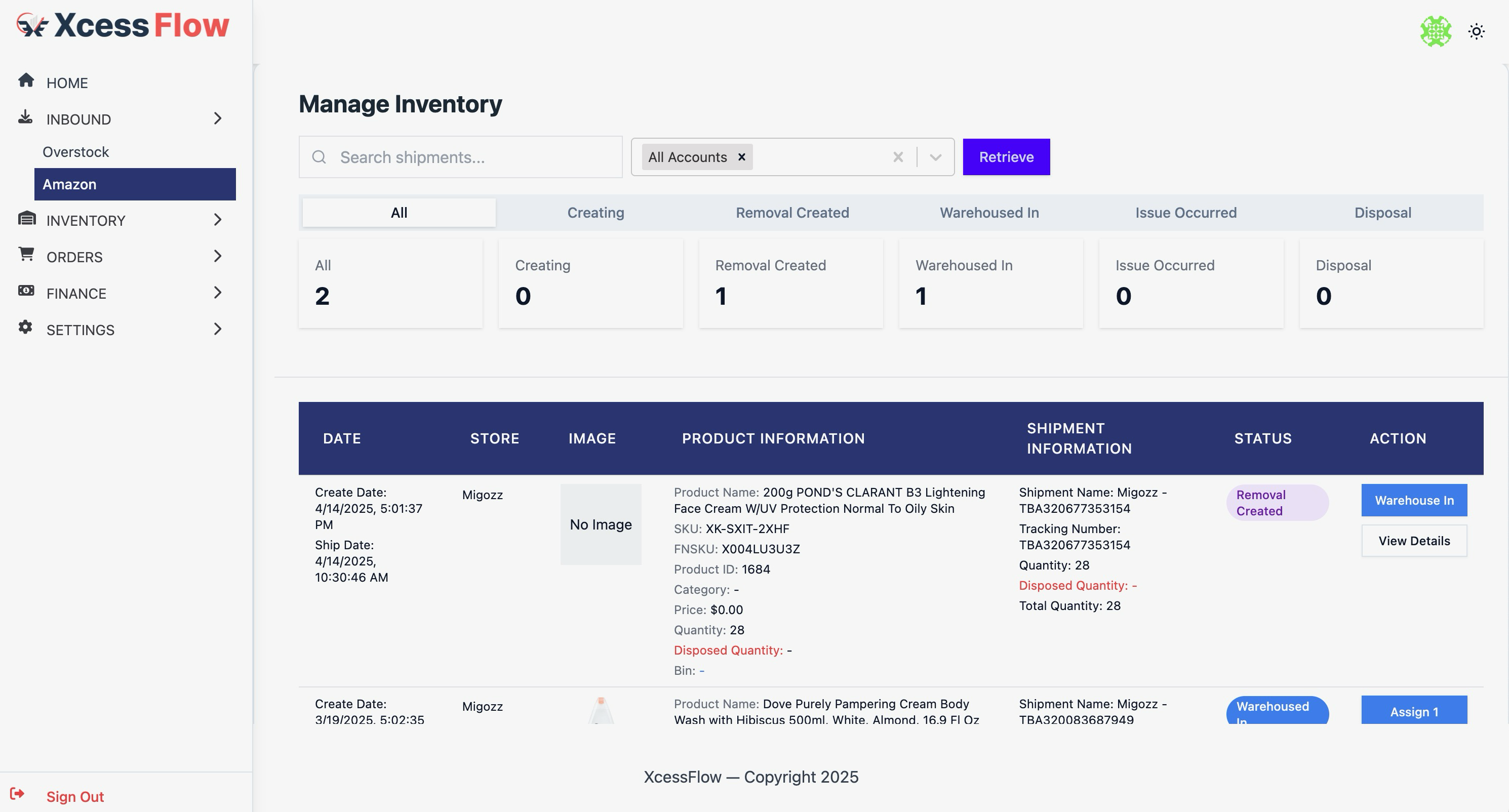 XcessFlow Inventory Management interface showing detailed inventory tracking