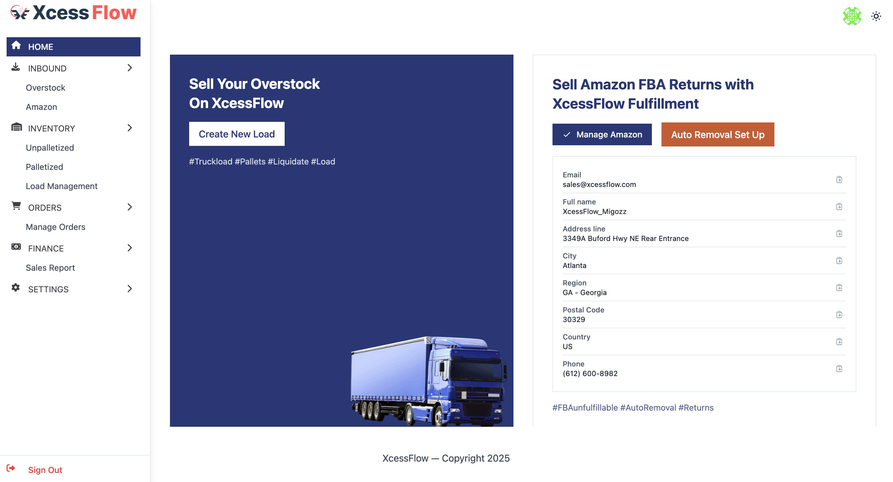 XcessFlow Management dashboard showing overstock and FBA returns management options
